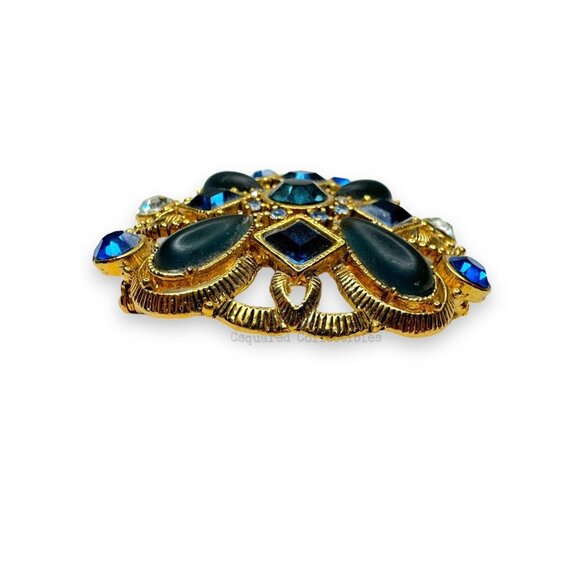 Gold Tone Blue Clear Faceted Crystal & Acrylic Cabochon Brooch - Picture 3 of 9